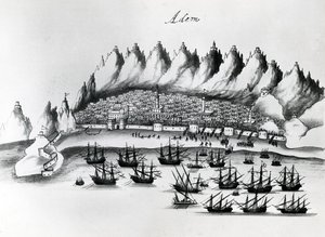 Portugalský útok na Aden, ilustrace z Legends of India od Gaspara Correi, kolem roku 1858 od Portuguese School