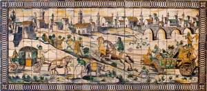 Singerie, svatba slepic - Tile panel, circa 1665, ze staré farmy Cadriceira, v Turcifal, Torres Vedras (Portugalsko) (Kuřecí svatba, Tile panel, circa 1665) - Musee national des azulejos, Lisabon (Portugalsko) od Portuguese School