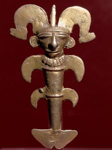 Předkolumbovské umění, civilizace Quimbaya (Kolumbie): antropomorfní přívěsek ve zlatě. 400-1400 našeho letopočtu. Bogota, Museo de Oro, Kolumbie