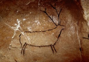 Pravěk: skalní malba „“jelen“ ze svrchního paleolitu (magdalénien) (mezi 16500 a 14000 lety) Jeskyně Las Chimeneas z doby kamenné, Monte Castillo, Španělsko – Pravěk: jelen. Jeskynní malba svrchního paleolitu (magdalénien) (16 500 a 14 000 r. od Prehistoric Prehistoric