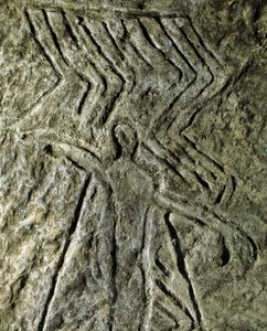 Prehistorie, skalní umění: petroglyf (graffiti na kameni) zobrazení lidské postavy. neolit, doba kamenná. (Ázerbájdžán) Doba bronzová. Baku, ázerbájdžánské státní muzeum historie náboženství od Prehistoric Prehistoric