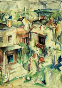 Village, cca 1929 (akvarel a tužka na papíře položené na palubě)