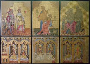 Rekonstrukce nástěnné malby původně v kapli sv. Štěpána zobrazující ve spodní řadě L-R: Thomas Woodstock (1355-97), Edmund Langley, John z Gauntu (1340-99), Lionel (1338-68), Edward, Černý princ ( 1330-76) a sv. Jiří