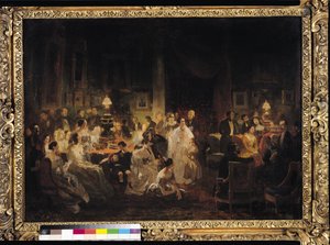 Emile Jean Horace Vernet (1789-1863) Diskutující o vynálezu daguerrotypie v salonu Monsieur Irisson