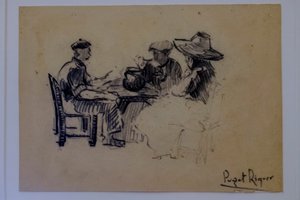 sedící postavy, Narcís Puget Riquer, kresba uhlem, muzeum Puget, šlechtický dům Can LLaudis, Dalt Vila, Ibiza, baleárské ostrovy, Španělsko