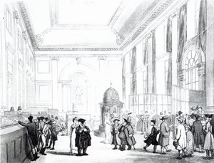 Bank of England, Velká síň, z Ackermannova „Microkosmu Londýna“, 1809 (akvatinta) od Pugin and Rowlandson