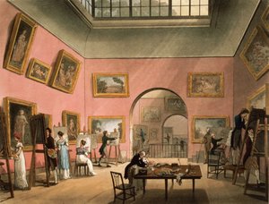 Studenti, kteří se učí malovat a vytvářet kopie obrázků v British Institution, Pall Mall, z Ackermannova „Microcosm of London“, 1808 (lept s wc)