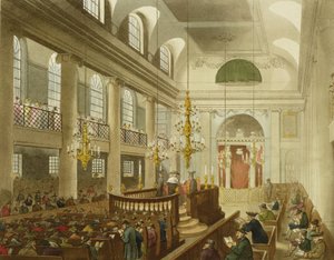 Synagoga, Dukes Place, Houndsditch, z Ackermannova „Microcosm of London“, vyrytý Sunderlandem, 1809 (akvatinta) od Pugin and Rowlandson