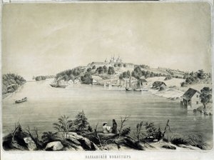 Klášter Valaam (nebo Valamo) na ostrově Valaam v jezeře Lagoda (Rusko) (Klášter Valaam na ostrově Valaam v jezeře Lagoda). Kresba Petra Fjodoroviče Borela (1829-1898). Litografie, 53,3 x 70,5 cm