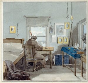 V práci. V domě Pavla Nashchokina (1801-?) (Moskva). (V práci. V domě Pavla Nashchokina). Dílo Petra (Piotra) Fjodoroviče Sokolova (Pierre Sokolov) (1791-1848), akvarel na papíře od Pyotr Fyodorovich Sokolov
