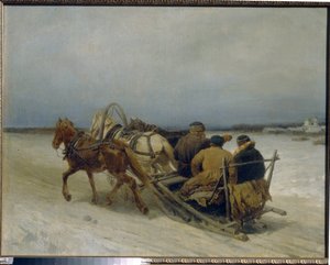 Trojka v zimě. (Tradiční ruský závěs, tažený třemi koňmi). Obraz Pyotr (Piotr) Petrovič Sokolov (1821-1899), olej na plátně