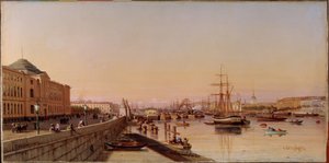 Letní večer na nábřeží Něvy, poblíž Akademie umění v Petrohradu. Obraz Petra Petroviče Vereschagina (Vereščagin, Vereščagin) (1836-1886), olej na plátně, cca 1870. Ruské umění