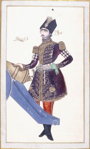 Portrét Nasira al-Din Shaha, ruka spočívající na dělu, c. 1853-4
