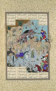 Bahram Chubina zabíjí lva-opice, Folio 715v z Shahnama Book of Kings..., c1530-35