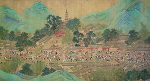 Cesta císaře Kang Shi do Kiang-Hanu v roce 1699 po Chaio Ping Chen (1661-1722) (inkoust a barva na hedvábném podloženém papíru) od Qing Dynasty Chinese School
