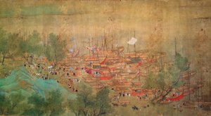 Cesta císaře Kang Shi do Kiang-Hanu v roce 1699 po Chaio Ping Chen (1661-1722) (inkoust a barva na hedvábném podloženém papíru) od Qing Dynasty Chinese School