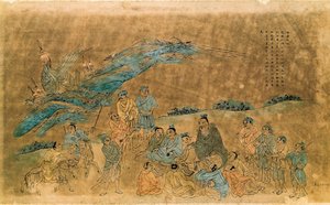 Čínský filozof Konfucius (Kong Fu Zi) (551-479 př.nl) obklopuje své žáky (akvarel) od Qing Dynasty Chinese School