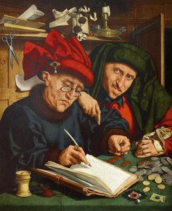 Výběrčí daní. (The Tax Collectors) Malba Quentina Metsysa (nebo Quintena Matsysa) (1466-1530), olej na dřevě, kolem roku 1520. Vlámské primitivní umění