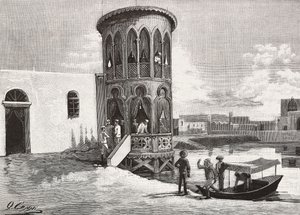 Maurská malá věž hostující klub italských důstojníků, Massawa, Eritrea, rytina z kresby Quinta Cenniho a náčrtu Pieragostiniho, z L