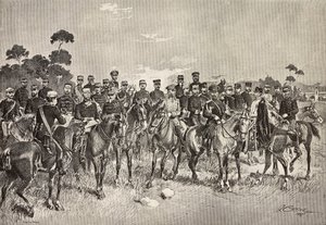 Zahraniční armádní důstojníci na návštěvě italských vojáků v Lombardii, Itálie, rytina z kresby Quinta Cenniho, z L
