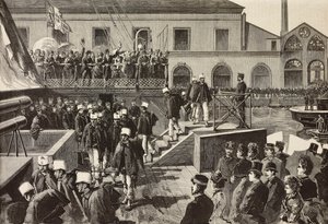 Italští vojáci nastupují na loď Washington, Neapol, Itálie, třetí italská expedice v Rudém moři, rytina z kresby Quinto Cenni a skica M Del Don, z L