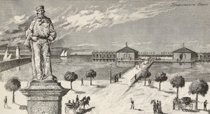 Památník na památku Giuseppe Garibaldiho (1807-1882), italského politika a vlastence, a koupaliště v pozadí, Cesenatico, Itálie od Quinto Cenni