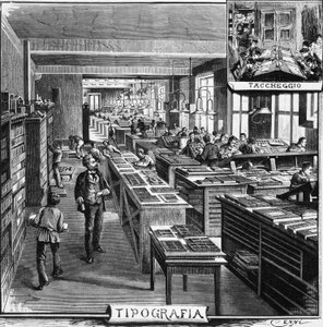 Kanceláře bratří Trevesů, typografie a překrývání, Milán, Itálie, ilustrace Quinto Cenni (1845-1917) z L