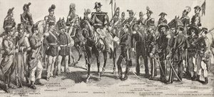 Piemontská armáda v roce 1859: pěšáci, dělostřelci, inženýři, granátníci, důstojníci, generálové, kopiníci, kavaleristé, puškaři, rytina z kresby Quinto Cenni, z L