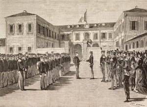 Princ Vittorio Emanuele (1870-1946), hrabě z Turína, uděluje tituly kadetům vojenské akademie v Miláně, Itálie, 14. od Quinto Cenni