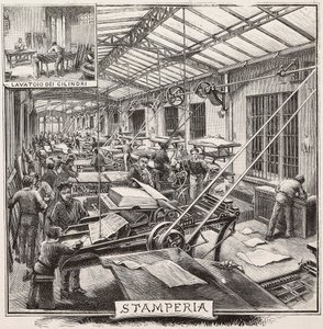 Tiskárna v nakladatelství Fratelli Treves, Milán, Itálie, rytina z kresby Quinto Cenni, z L