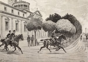 Vojáci na koních projíždějící před svatyní Beata Vergine dei Miracoli, Saronno, Itálie, rytina z kresby Quinto Cenni, z L