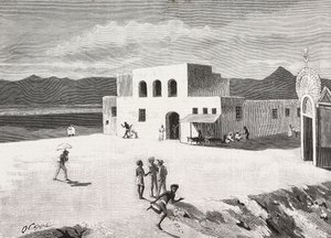 Budova italské pošty, Massawa, Eritrea, rytina z kresby Quinta Cenniho a skica od Pieragostiniho, z L