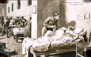 Italský patriot Giuseppe Garibaldi (1807-1882) ošetřovatel pod jménem Pan-Borel (Pane Borel) pacientům s cholerou v Marseille v roce 1836. Pohlednice soukromé sbírky 19. století od Quinto Cenni