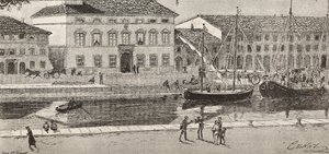 Radnice a přístavní kanál, Cesenatico, Itálie, rytina z kresby Quinta Cenniho a skica Ulisse Topi, z L