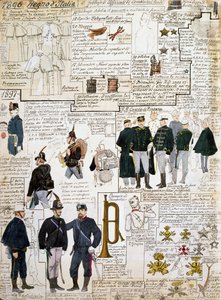 Uniformy Italského království v letech 1896 - 1897, deska z Cenni Codex, sbírka vojenských náčrtů v akvarelu od Quinto Cenni