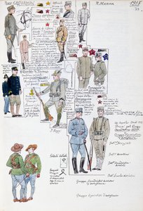 Uniformy Italského království v roce 1915, deska z Cenni Codex, sbírka vojenských náčrtů v akvarelu od Quinto Cenni