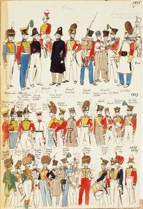 Různé uniformy z let 1826 až 1829. Barevný štítek Cenni Quinto od Quinto Cenni