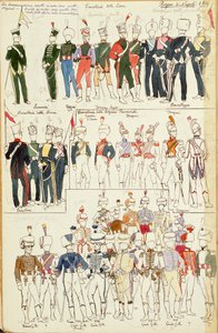 Různé uniformy Neapolského království z roku 1814. Barevný štítek Cenni Quinto od Quinto Cenni