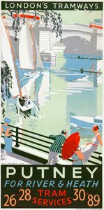 Plakát „Putney, pro řeku a vřesoviště“, London County Council LCC Tramways, 1932 od RF Fordred