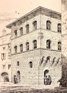 Dům ze 14. století, Florencie, Itálie, z „Příklady městské, obchodní a pouliční architektury Itálie a Francie od 12. do 15. století“, nakl. od W. Mackenzie