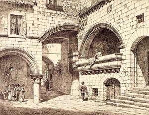 Část náměstí Piazza San Pellegrino, Viterbo, Itálie, z publikace "Examples of the Municipal, Commercial, and Street Architecture of France and Italy from the 12th to the 15th Century", kterou vydal W. Mackenzie.