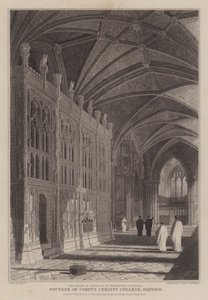 Svatyně biskupa Foxe, zakladatele Corpus Christi College, Oxford, ve Winchester Cathedral (rytina) od R. (after) Essex
