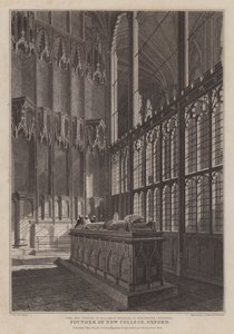 Hrobka a zpěv Williama z Wykehamu, zakladatele New College, Oxford, ve Winchester Cathedral (rytina) od R. (after) Essex