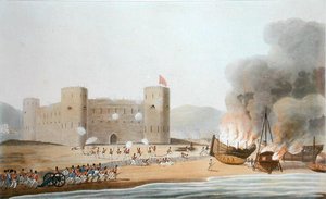 Útok na pevnost Luft, 27. listopadu 1809, z „Šestnáct pohledů na místa v Perském zálivu, pořízených v letech 1809-10, ilustrující postup sil zaměstnaných na expedici vyslané z Bombaje“, vyryl I. Clark, vydáno 1