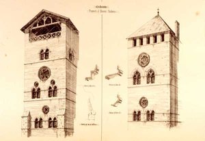 Fragmenty baronských rezidencí, Cahors, Francie, z knihy "Examples of the Municipal, Commercial, and Street Architecture of France and Italy from the 12th to the 15th Century", kterou vydal W. Mackenzie. od R. Anderson