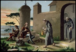 Příjezd Kryštofa Kolumba (1451-1506) se svým synem do kláštera la Rabida, z knihy Objevení Ameriky, vydané v Barceloně v roce 1878 (barevně lito) od R. Puiggari