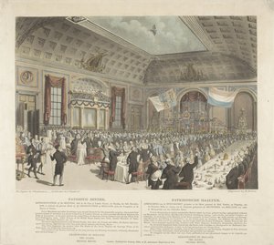 Vlastenecké jídlo v Londýně, 1813 Vlastenecká večeře. Zastoupení na schůzi konané v City of London Tavern v úterý 14. prosince 1813 (...) / Patriotische Mealtyd. Obrázek setkání konaného v hotelu s názvem Město L od R. Reeves
