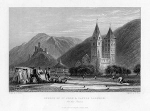 Kostel svatého Jana a hrad Lahneck na Rýně, 1838