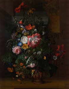 Růže, konvolvulus, mák a další květiny v urně na kamenné římse od Rachel Ruysch