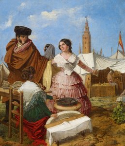 Námluvy ve stánku s pečivem ve tvaru prstenu na sevillském veletrhu - Benjumea, Rafael (asi 1825-asi 1887) - 1852 - Olej na plátně - 35x30 - Museo Carmen Thyssen, Malaga od Rafael Benjumea